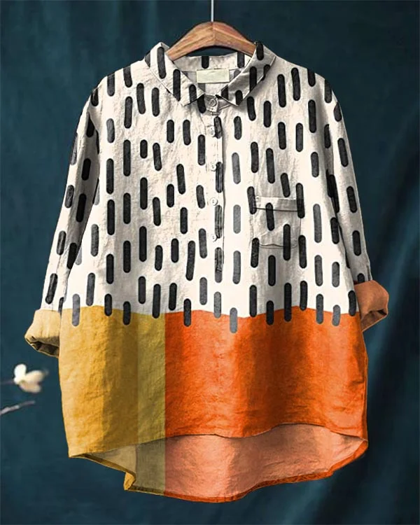Bohemian Color Block Abstract Art Cotton and Linen Shirt