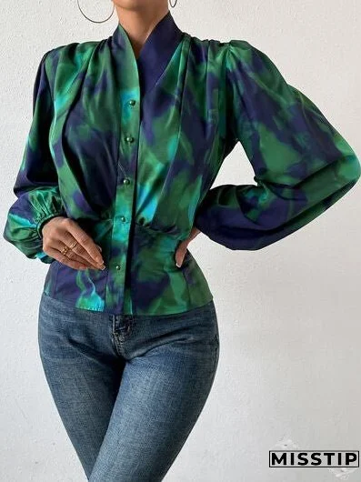 Tie-Dye Button Up Balloon Sleeve Blouse