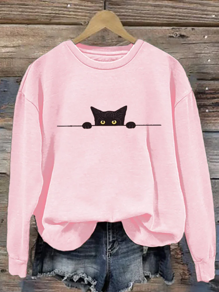 VChics Women's Casual Funny Black Cat Print Sweatshirt