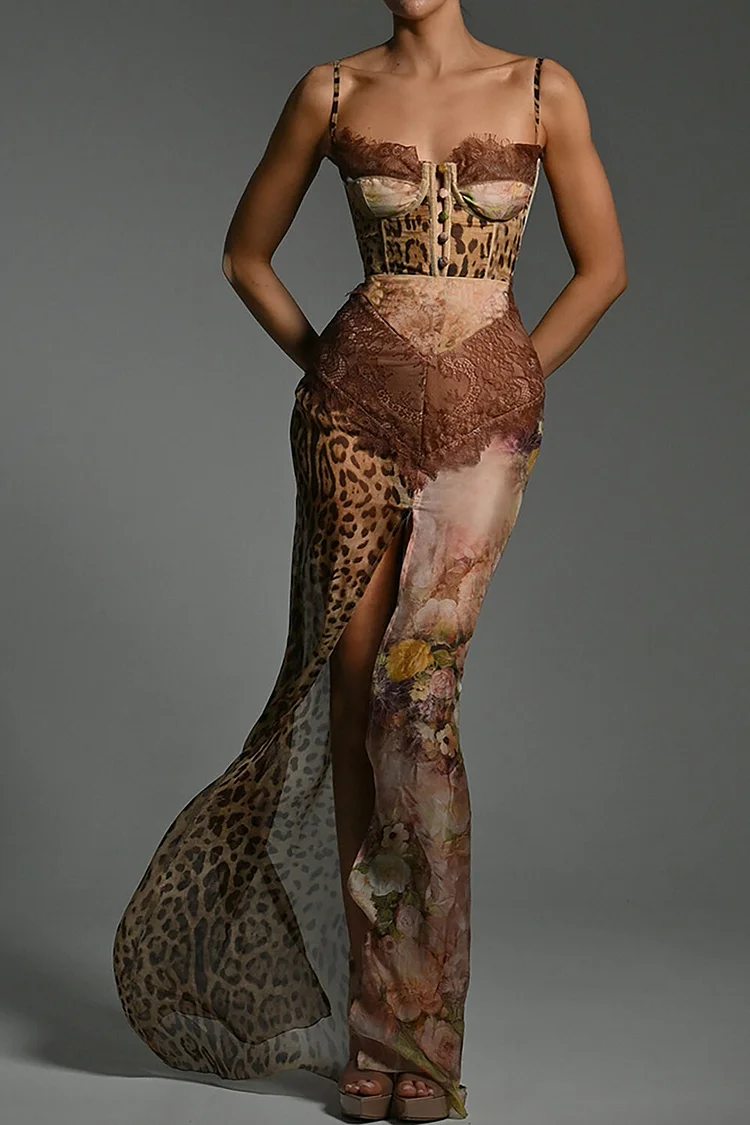 Lace Patchwork Leopard Floral Print High Slit Strappy Maxi Dresses-Coffee