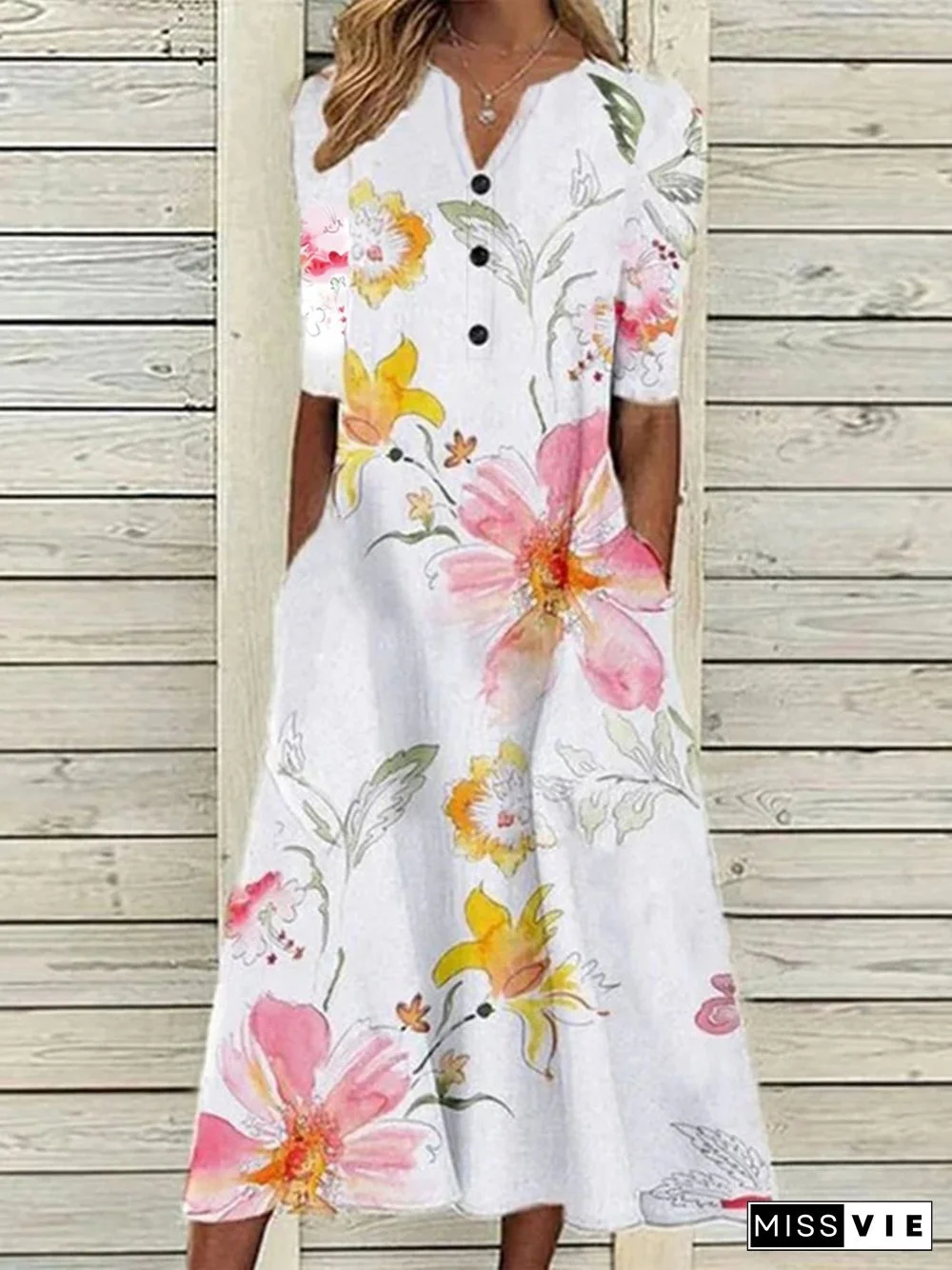 Floral Casual V Neck Half Sleeve Buttoned Pockets A-line Dress