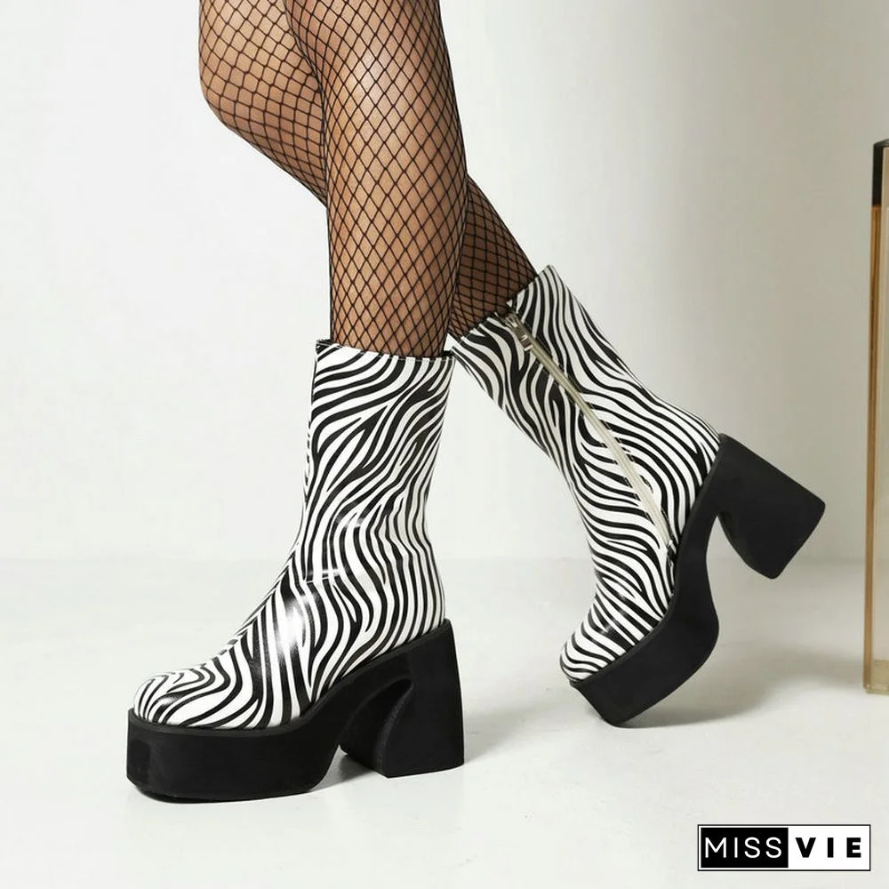 Zebra Cow Print Slip-On Platform Boots