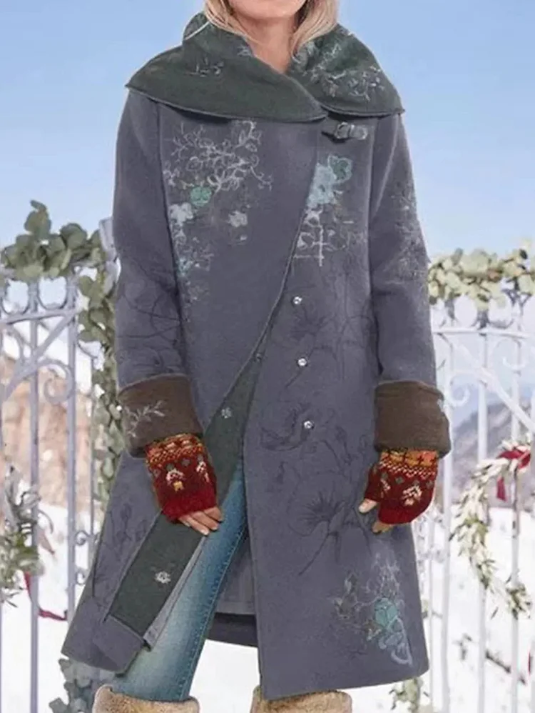 Daily Shawl Collar Floral Buttoned Woolen Long Coat