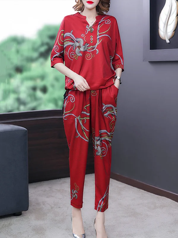 Stylish Floral Stamped Short Sleeves Tops+Ninth Pants Set