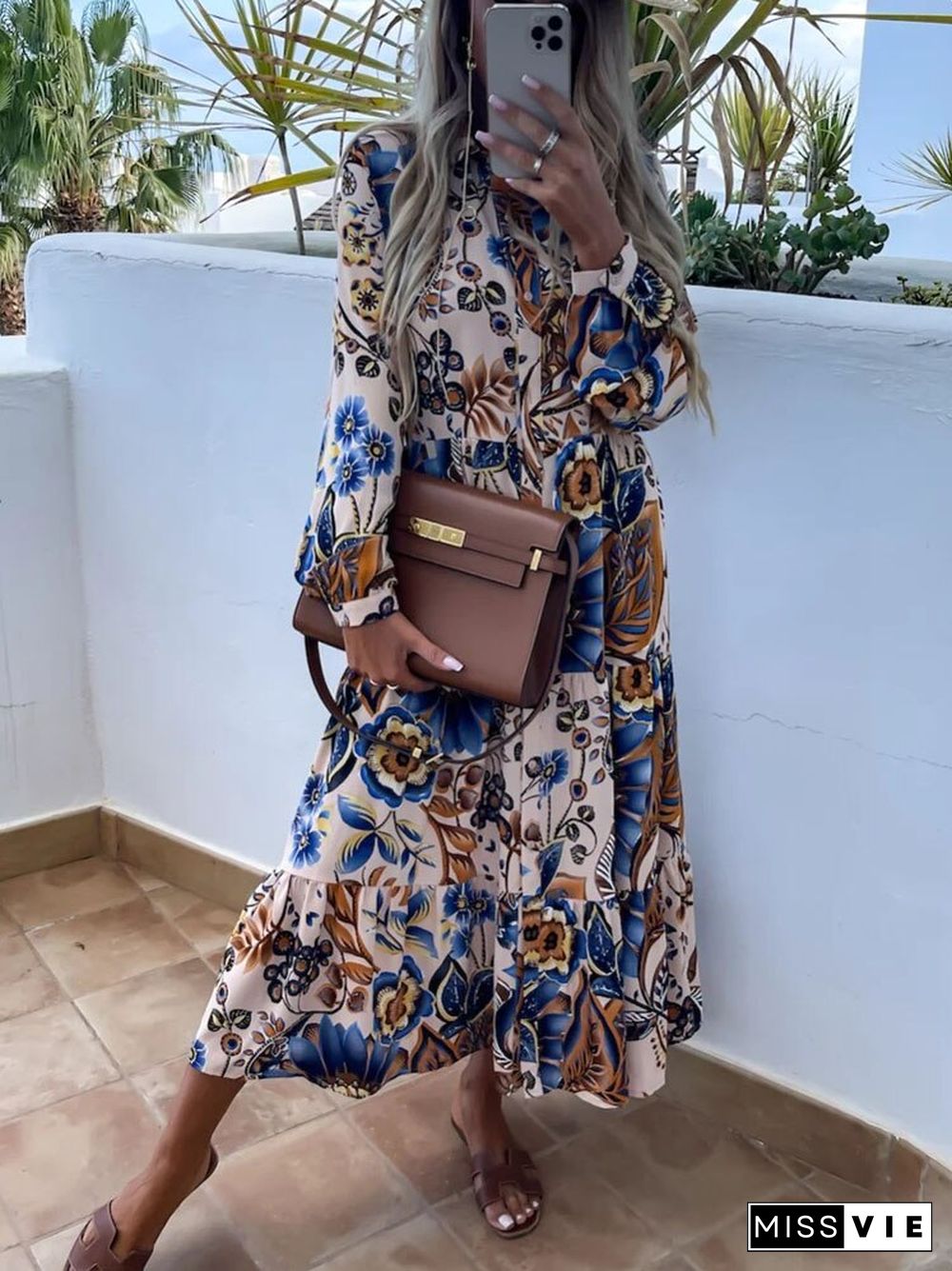 Elegant Floral Print Boho Long Dress Women Sexy Turn-down Collar Button Shirt Dress Spring Summer Loose Pleated Maxi Beach Dress