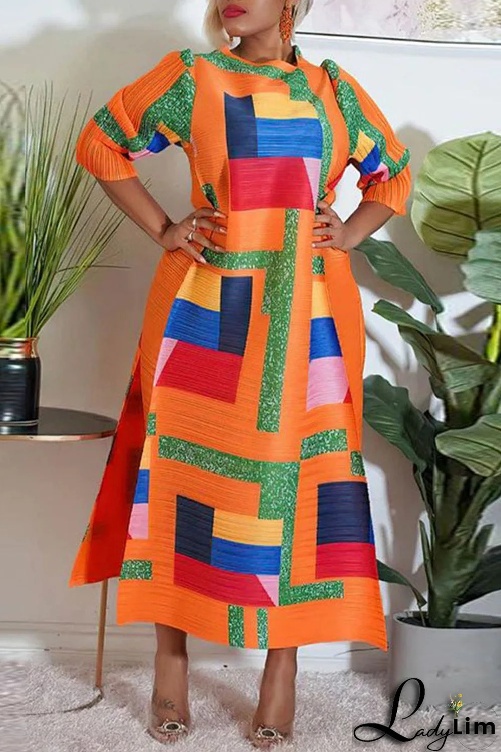 Light Coffee Street Geometric Print Patchwork O Neck Long Dress Dresses