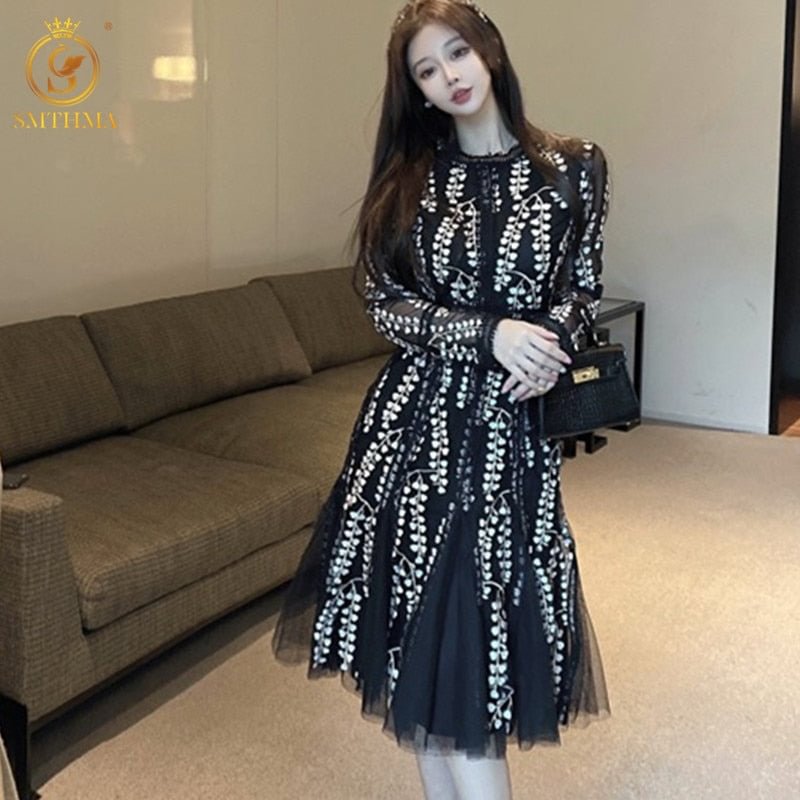 SMTHMA New Fashion Runway Vintage Mesh Embroidery Dress Women's Long Sleeve Black Lace Hollow Out Flower Dress Vestidos