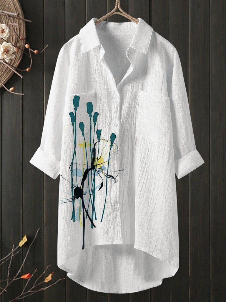 Floral Print Hemp Shirt Blouse