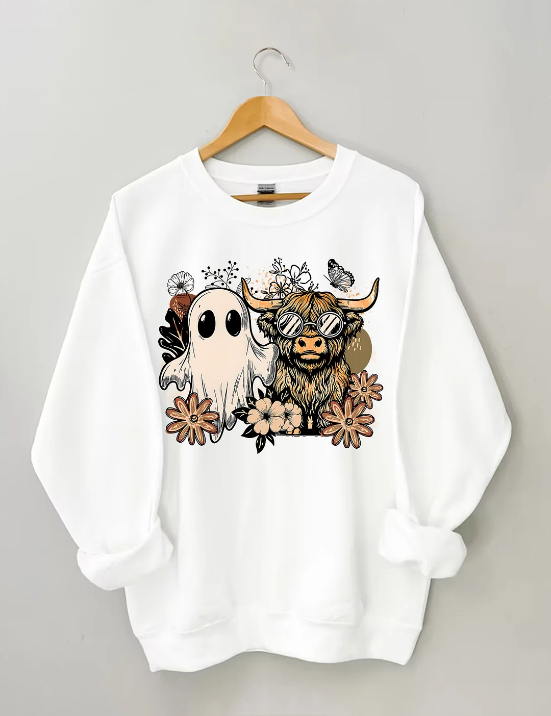 Ghost And Highland Cow With Flowers Sweatshirt