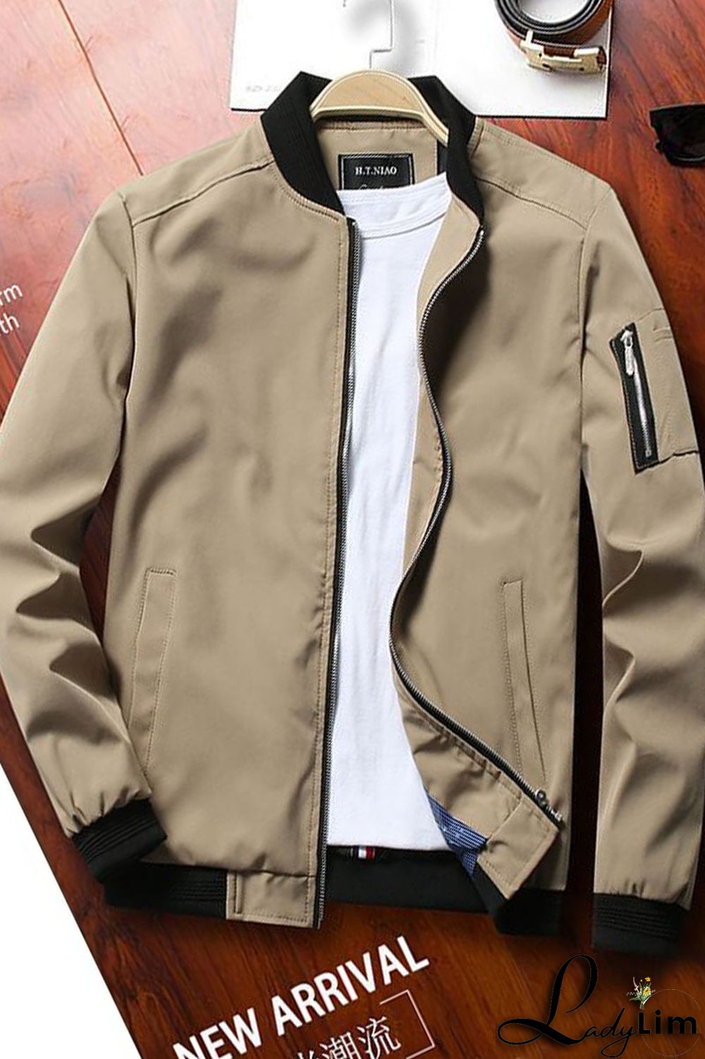 Black Casual Solid Split Joint Zipper Mandarin Collar Outerwear