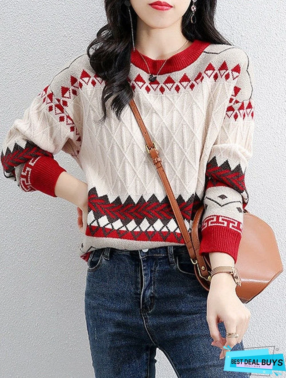 Fall/Winter Round Neck Retro Color Block Knitted Sweater