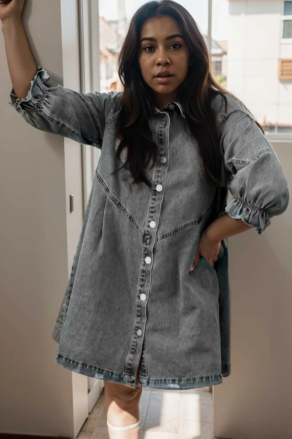 chic gray denim mini dress with button detail