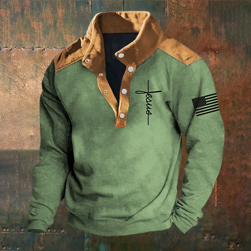 Comstylish Men's Vintage Retro American Flag Printed Stand Collar Half-Zip Sweatshirt