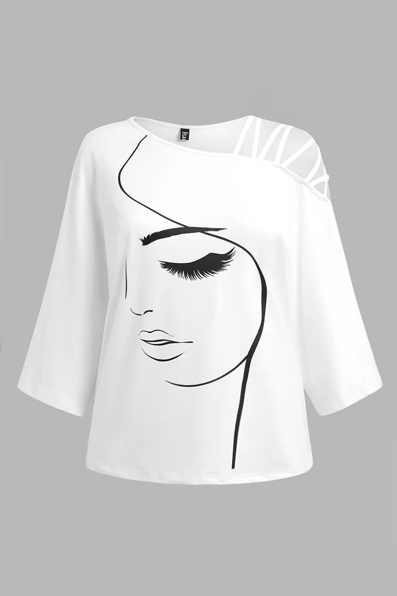 Figure Print Hollow Out Asymmetrical Neck Blouse