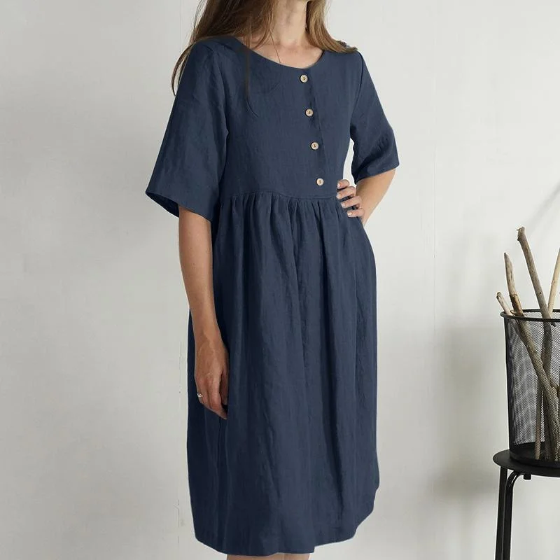 Women's Cotton Linen Round Neck Casual Dress