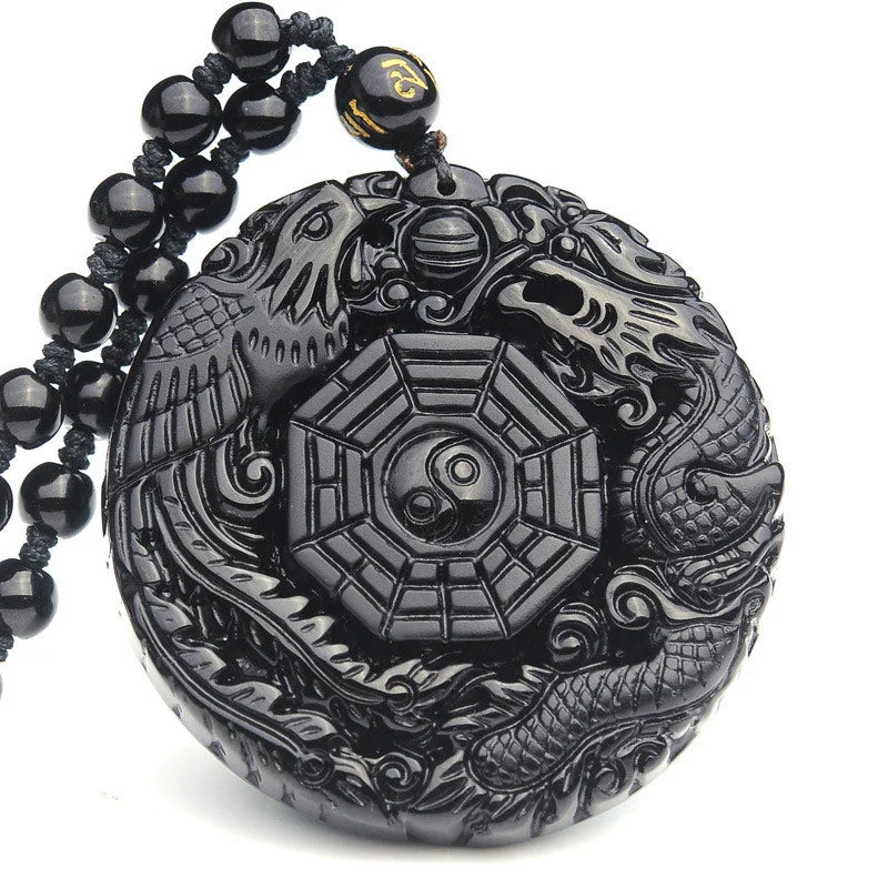 Bagua Dragon Phoenix Obsidian Fulfilment Pendant Necklace