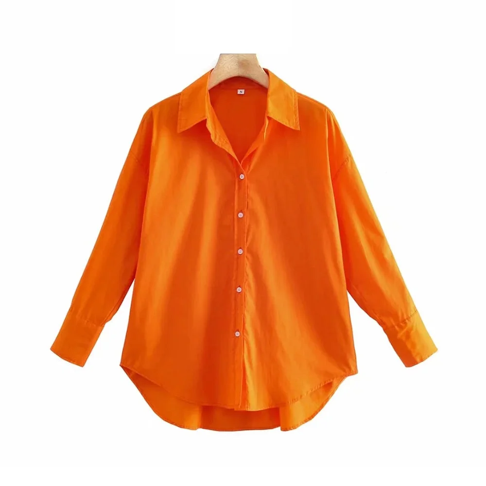 TRAF Women Fashion Loose Asymmetry Poplin Blouses Vintage Long Sleeve Button-up Female Shirts Blusas Chic Tops