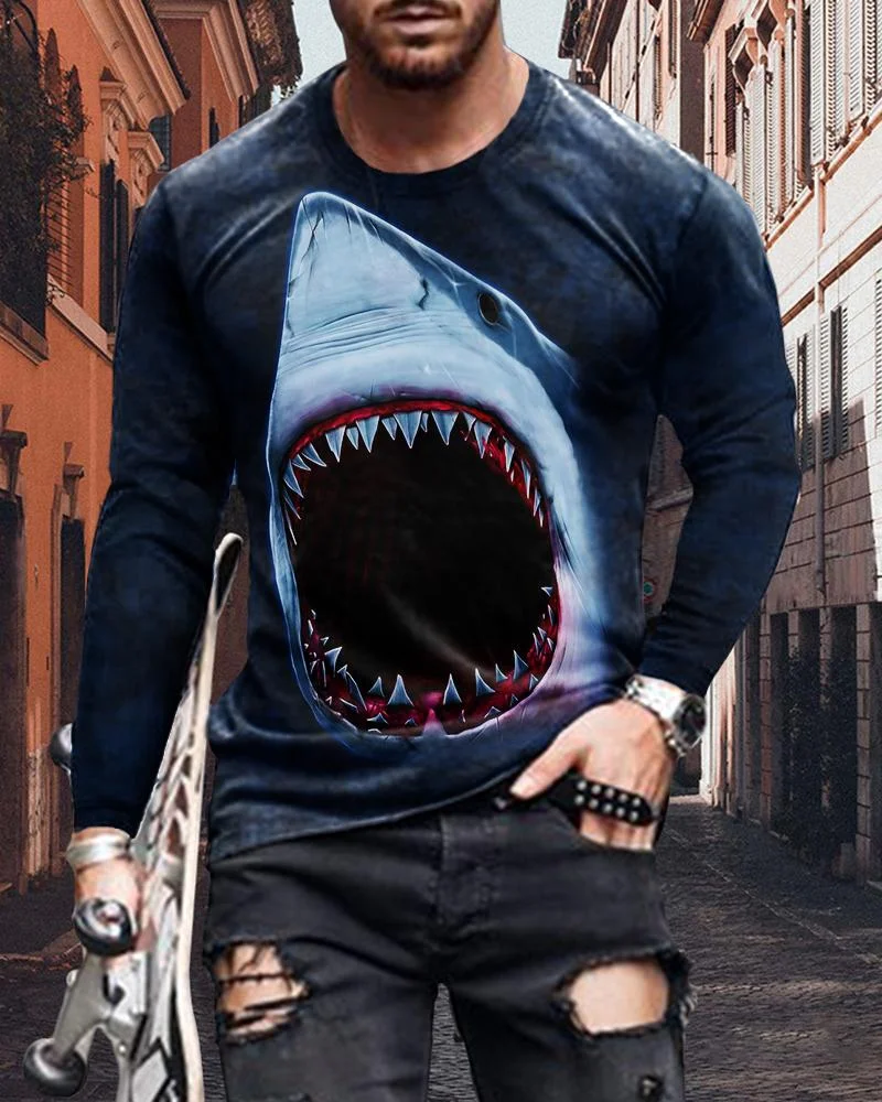 Men's Fashion Shark Printing Long-sleeved T-shirt