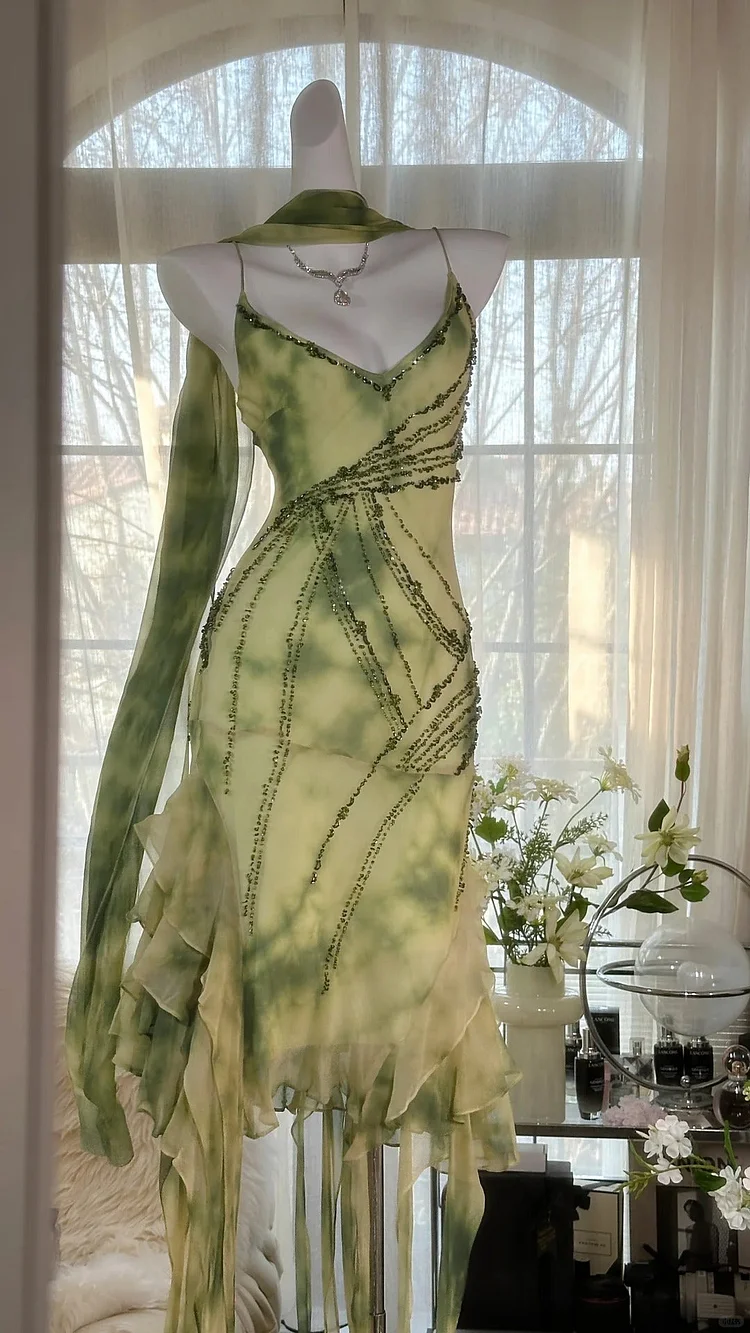 Green Romantic Elegant Exquisite Beaded Backless Long Chiffon Ruffle Homecoming Dress Prom Dress Evening Dress Birthday Vacation Party Dress