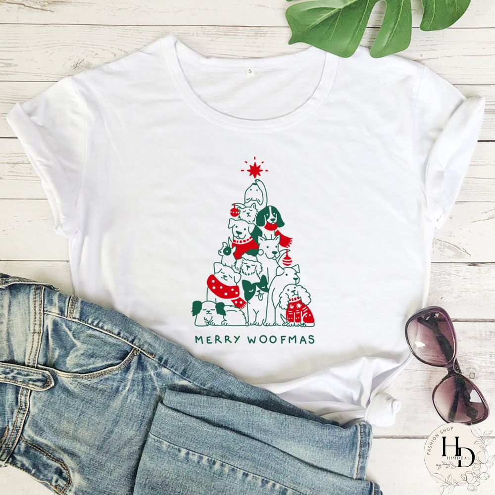 Merry Woofmas Colored Print T-shirt Kawaii Dog Lover Christmas Holiday Gift Tshirt Funny Women Graphic Tees Tops Drop Shipping