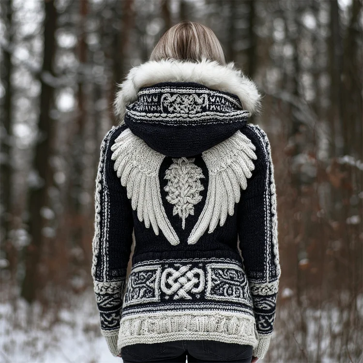 Viking Angel Wings Design Women's Knit Fur Trim Hooded Sweater