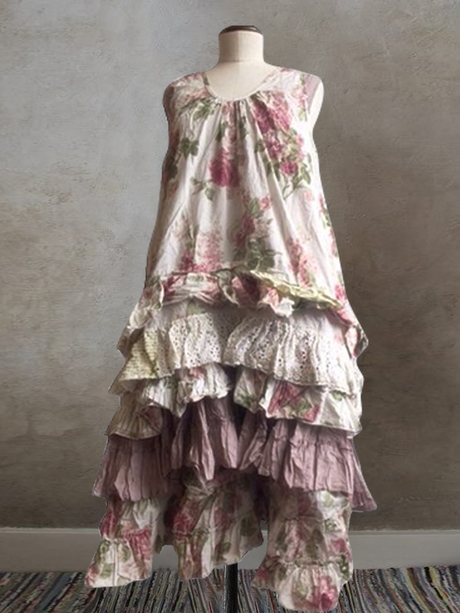 Cotton Linen Retro Flower Print Layered Dress