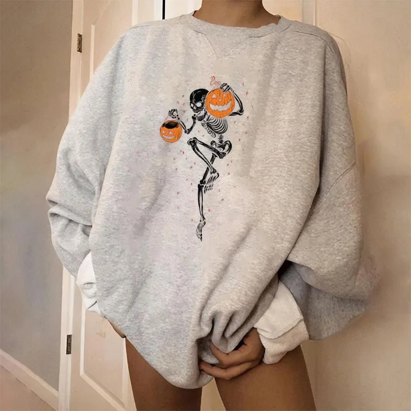Evil skeleton print pumpkin designer loose sweatshirt