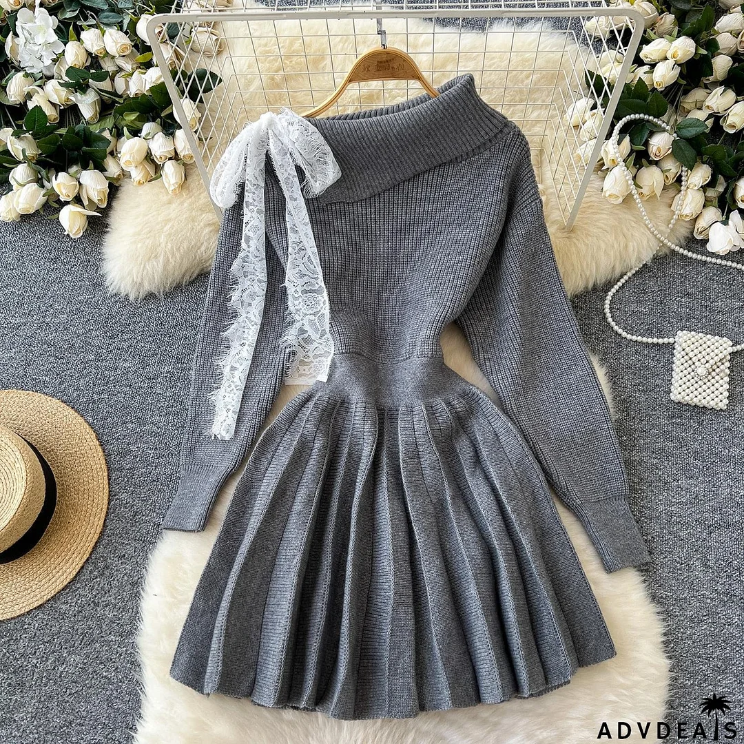 Off Shoulder Turndown Collar Bow Lace-Up Long-Sleeved Pleated Knitting Dress Autumn Slim Waist Sweater