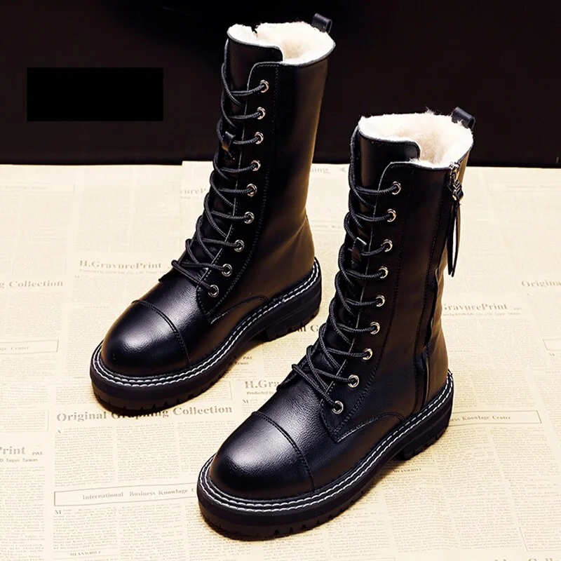 Qengg 2020 NEW Fashion Women's Short Boots GIRLS Snow Boots PU Leather Side Zip Non-slip Warm Shoes Plush Inner Lace-upBlack