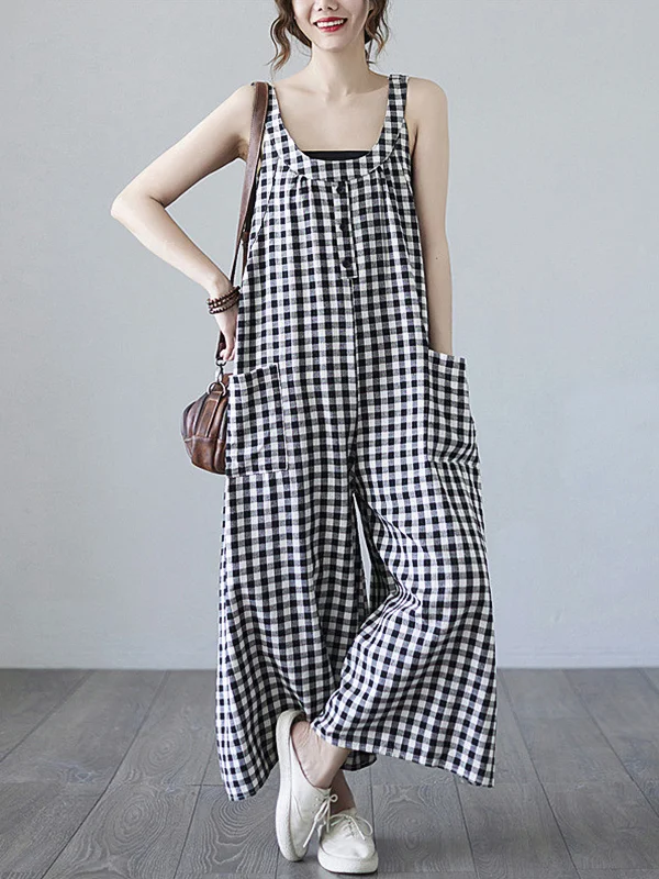 Literary Plaid Sleeveless Casual Loose Jumpsuit