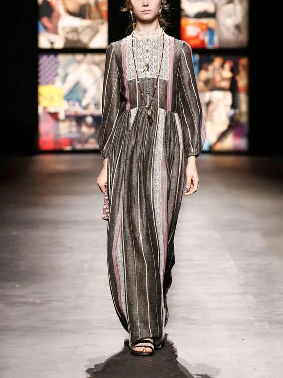 Lace Collar Long Puff Sleeve Full-Length Stripe Dress