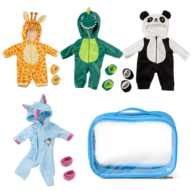 For 16" Reborn Silicone Baby Boy Animals Clothes Suits 4 Pcs with Blue Transparent Waterproof Organizer Bag