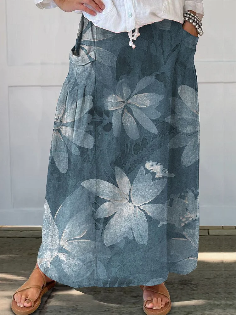 Women's Retro Elegant Floral Art Linen Pocket Skirt