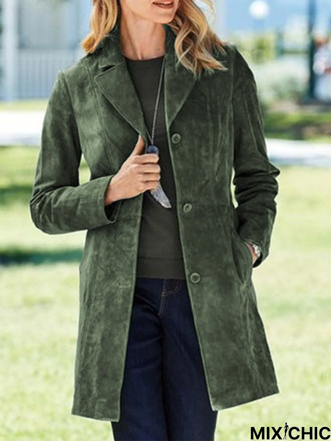 Women Casual Plain Autumn Suede Micro-Elasticity Daily Long sleeve Mid-long H-Line Overcoat