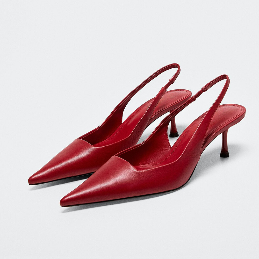 Red Vegan Leather Pointed Toe Slingback Kitten Heel Pumps for Women Nicepairs