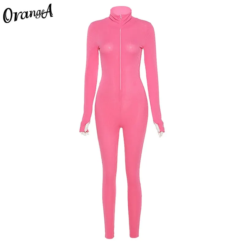 OrangeA skinny fitness women active wear pink jumpsuits turtleneck sporty long sleeve casual overalls workout streetwear outfits