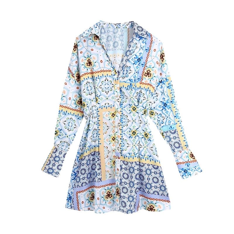 KPYTOMOA Women 2021 Chic Fashion With Buttons Patchwork Print Mini Dress Vintage Long Sleeve Elastic Waist Female Dresses Mujer