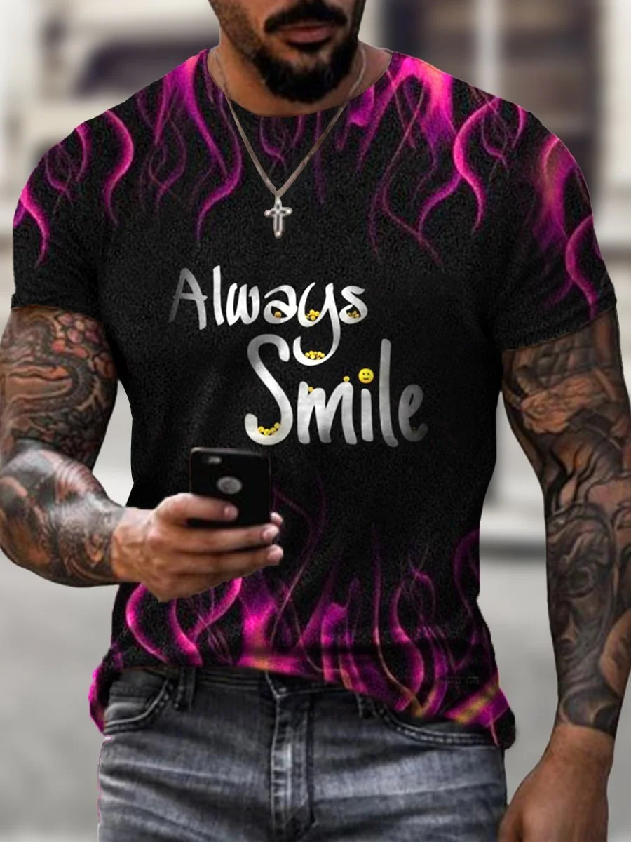 Men's Fashion Always Smile Textual Art Print Short Sleeve Crew Neck T-shirt