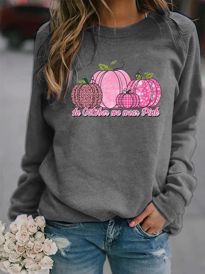 Women's In October We Wear Pink Pumpkin Print Casual Sweatshirt socialshop