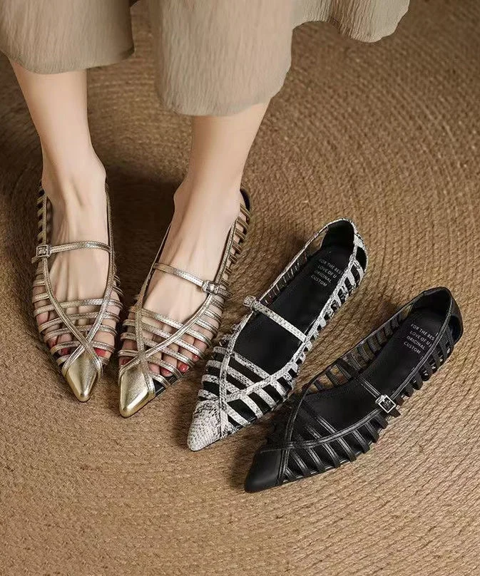 Gold Cowhide Leather Splicing Hollow Out Sandals Pointed Toe