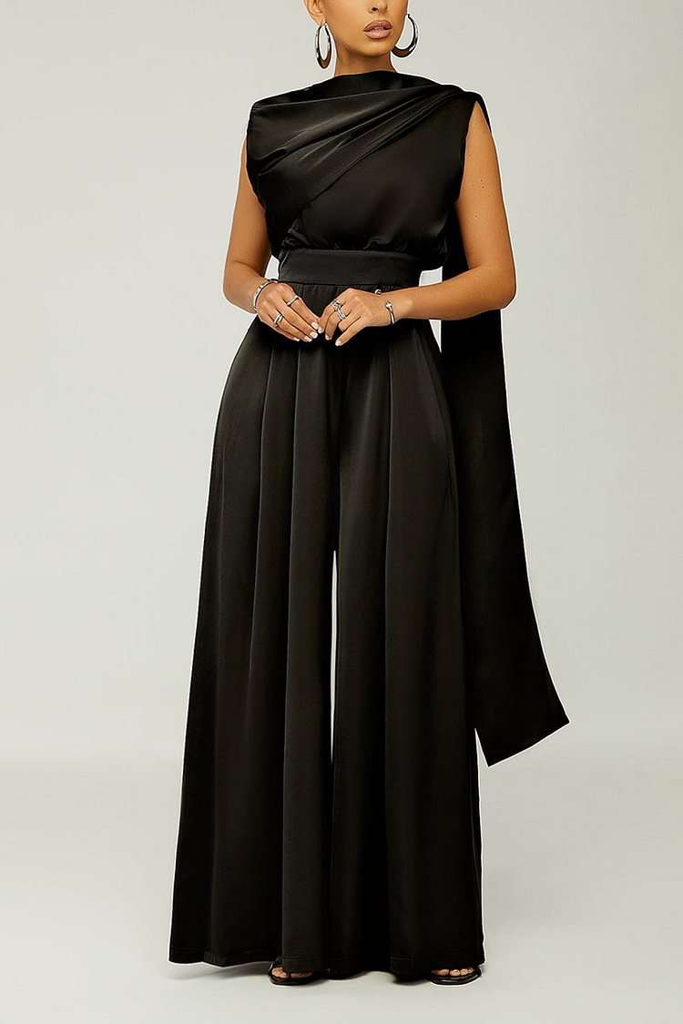 Xpluswear Plus Size Elegant Solid Sleeveless Draped Wide Leg Jumpsuit