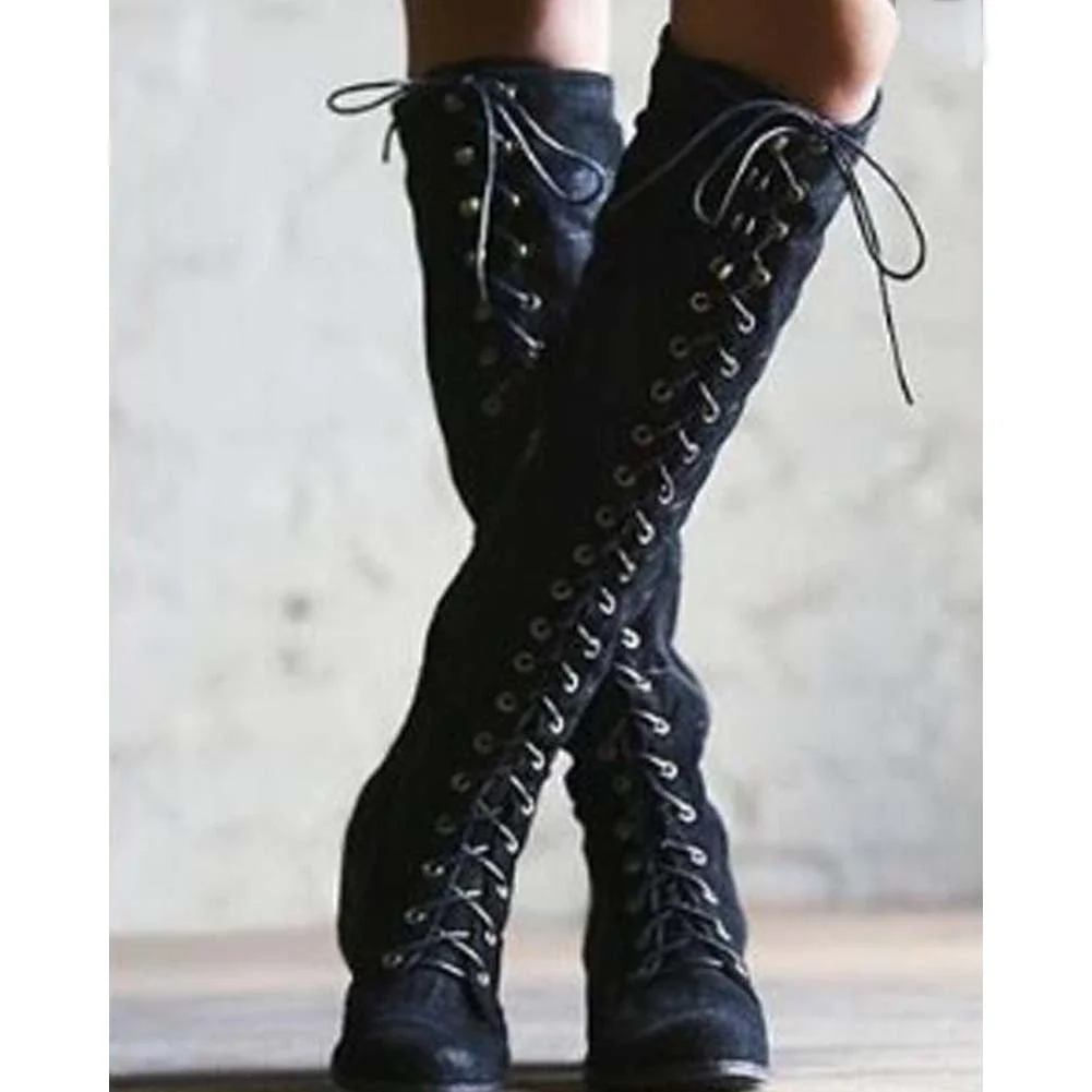 Qengg Classic Brand Chunky Heel Lace Up Vintage Women Knee High Boots Designer Comfy Walking Cowboy Ladies Shoes Footwear