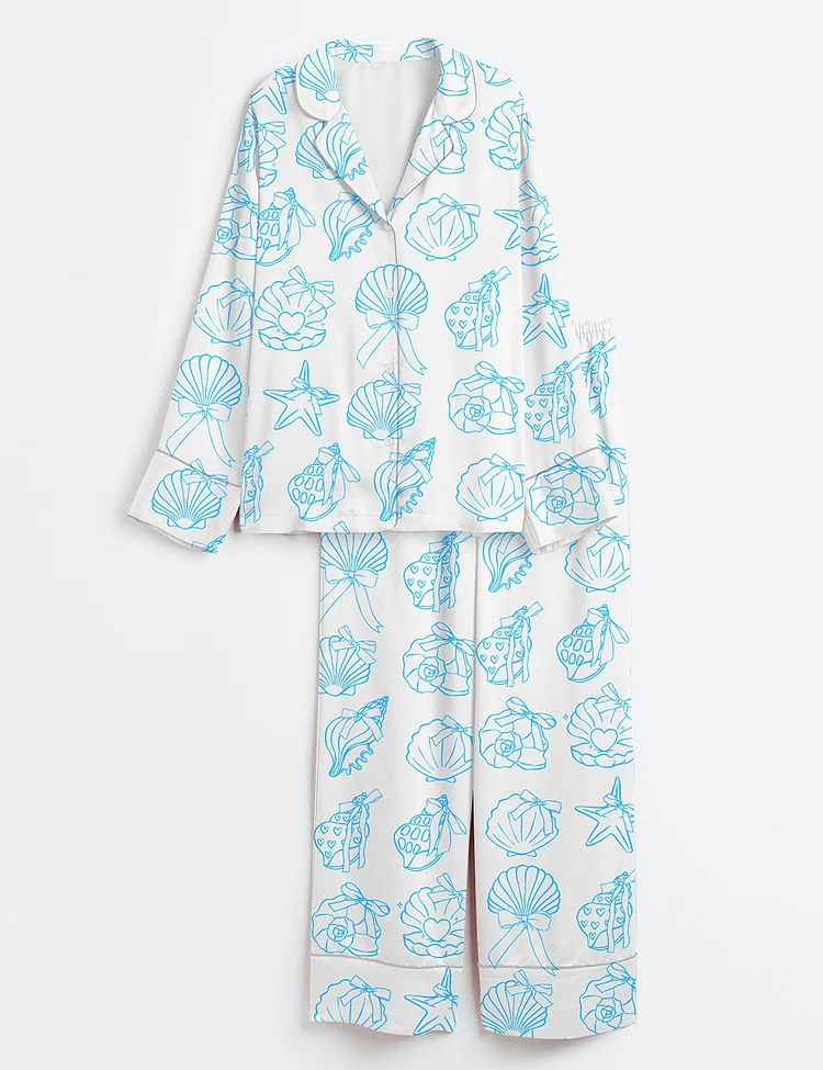 Women&rsquo;s Retro Coquette Seashell Sea Pastel Coastal Summer Girly Shell With Bow Preppy Fisherman Aesthetic Print Long Sleeve Satin Pajama Set