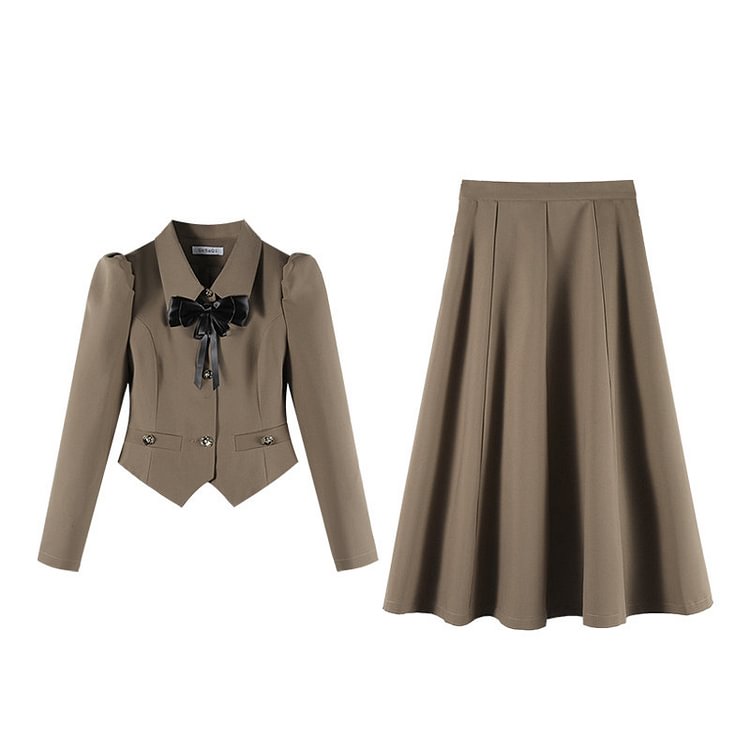 Chic Bow Decor Lapel Cardiagn High Waist Skirt Two Pieces Set - Modakawa Modakawa