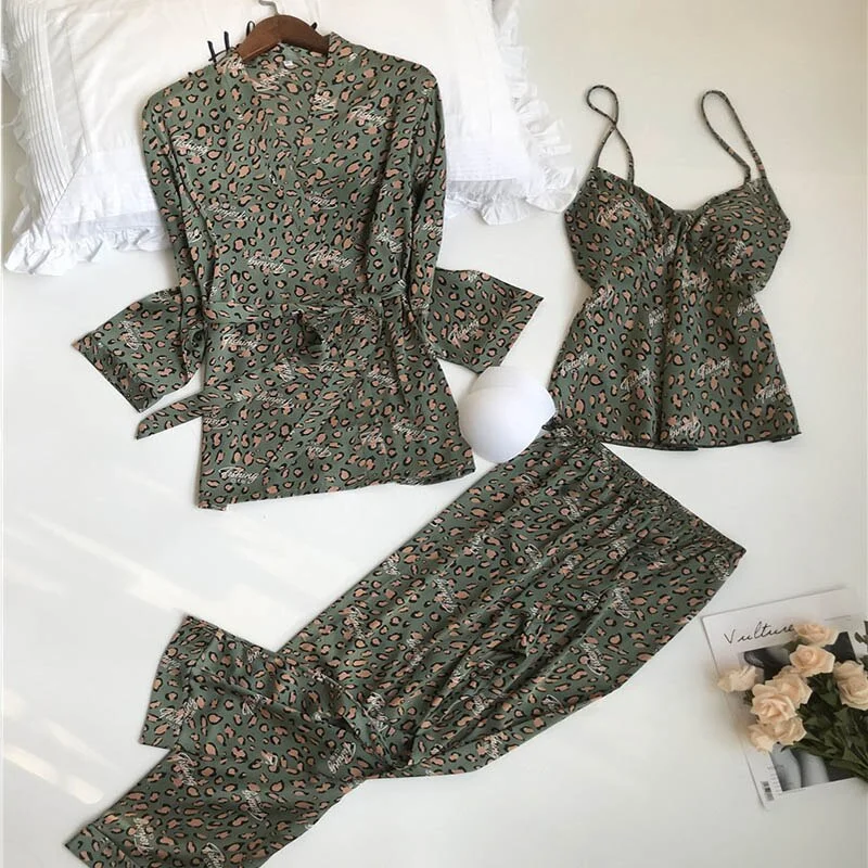 3PCS Women Pajamas Set Lady Emulation Silk Pyjama Sets Flower Sleepwear Female Leopard Satin Homewear With Removable Padded