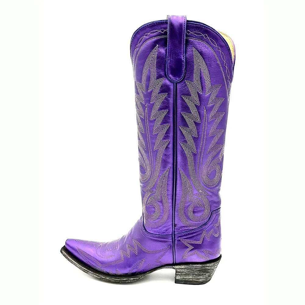 Mid Calf Snip Toe Embroidered Metallic Purple Cowgirl Boots for Women