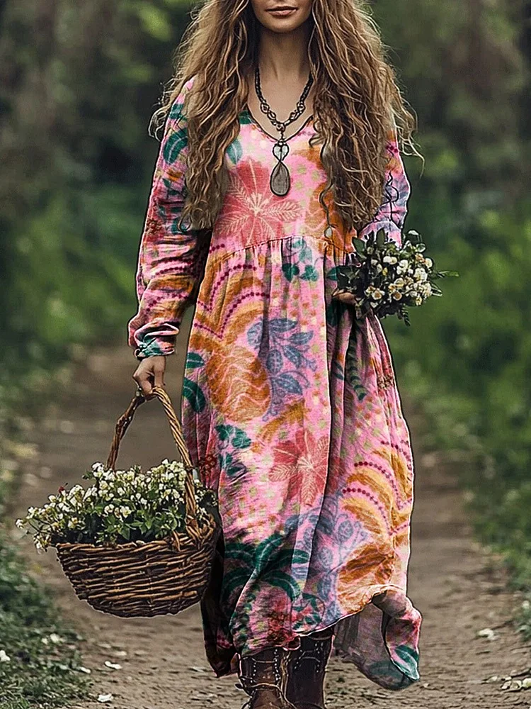 Women's Vintage Floral Pineapple Art Print Pocket Cotton V Neck Long Sleeve Dress