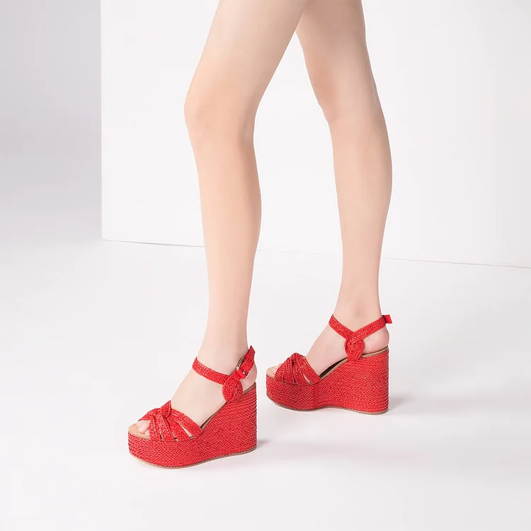 Red Woven Platform Wedge Heels Sandals |FSJ Shoes