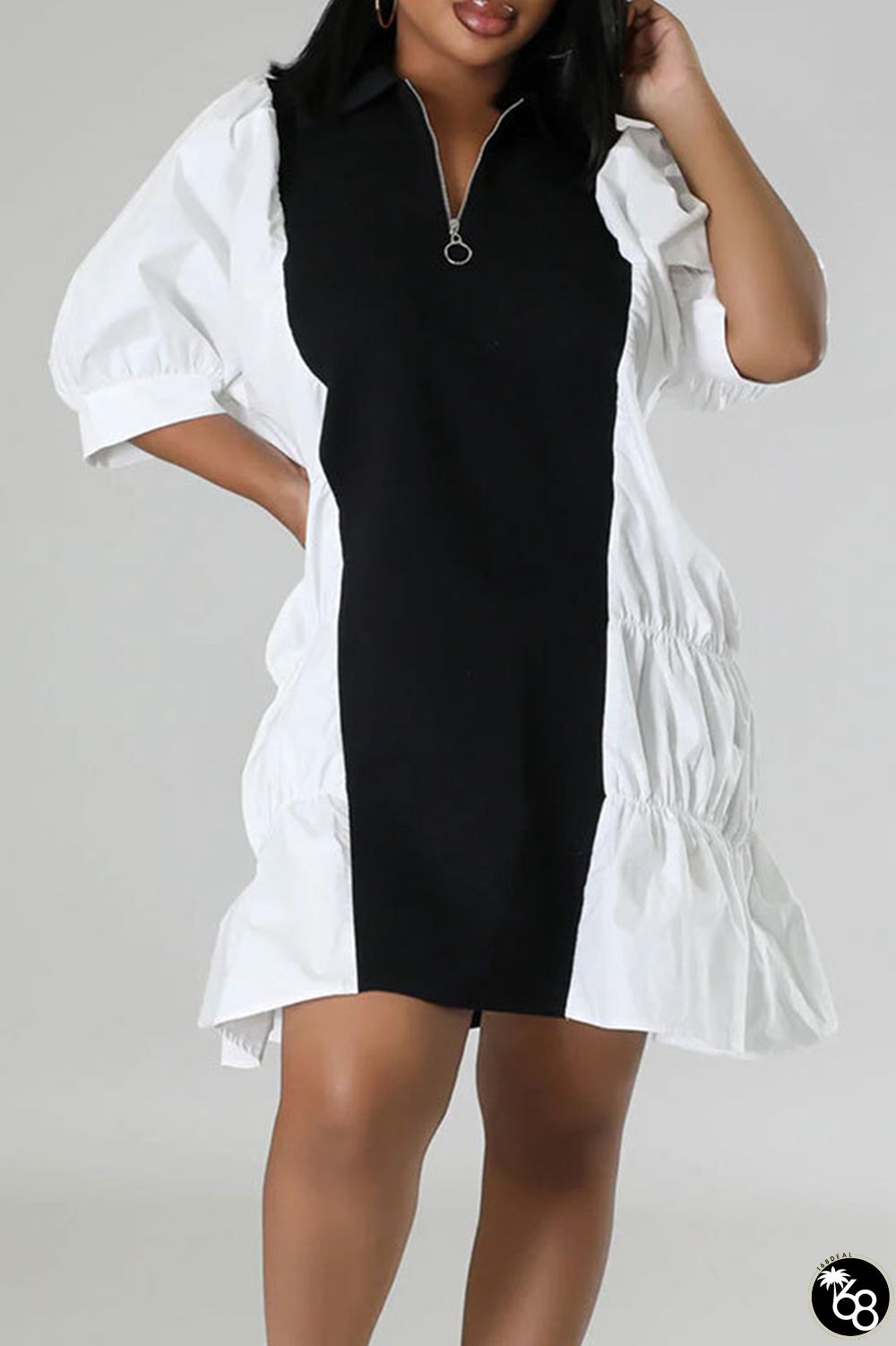 Casual Color Block Patchwork Fold Zipper Turndown Collar Short Sleeve Dress Dresses | 168DEAL