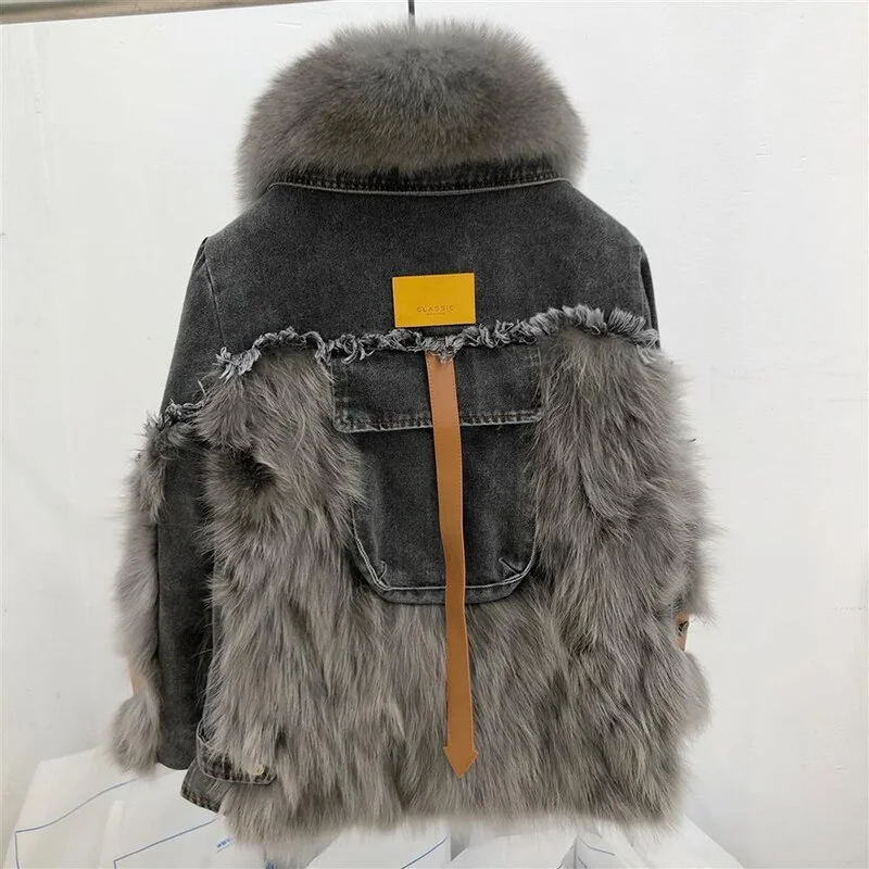 Toloer Toloer 2023 New Faux Fox Fur Stitching Tassel Removable Liner Parkas Winter Harajuku Asymmetric Denim Jacket Y2k Streetwear Coat 1127-1-Outfit Ideas